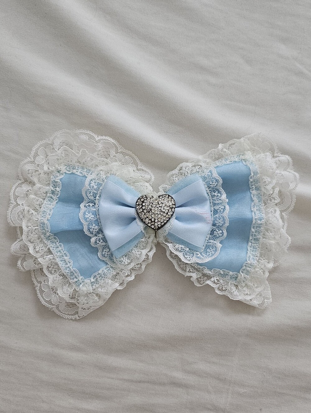 La Pafait Super Rare Hime Gyaru Blue White Lace Bow with Heart Rhinestone